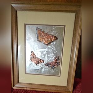 2 Vintage Butterfly Foil Artwork - 1960s Framed Textured Metallic Prints